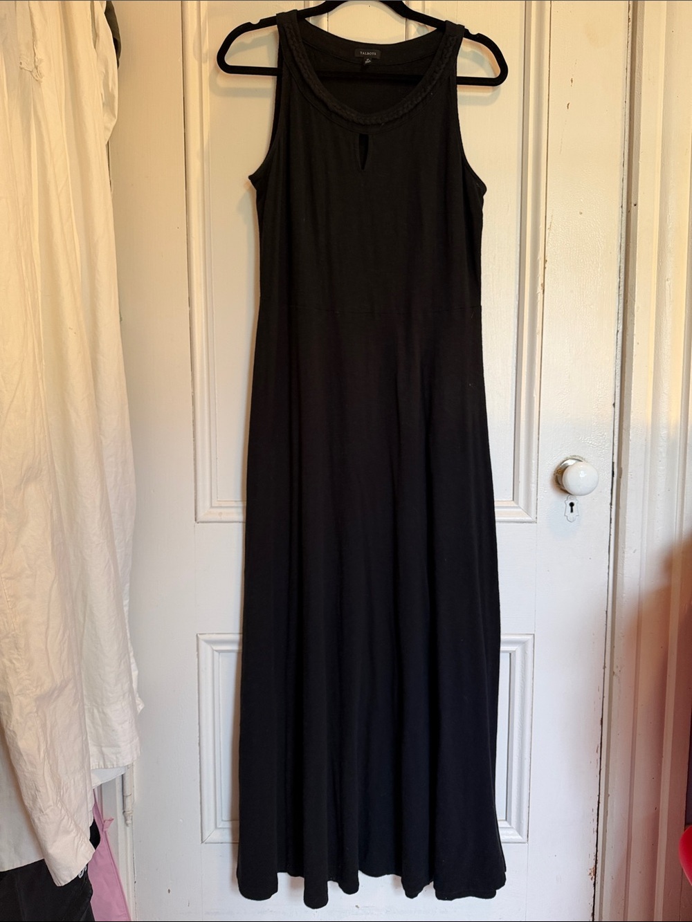 Talbots Black Sleeveless Maxi Dress with Flat Braided Neckline and Keyhole
